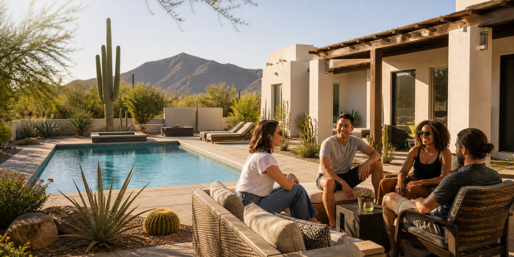 People relaxing by a pool at a landscaped Arizona home